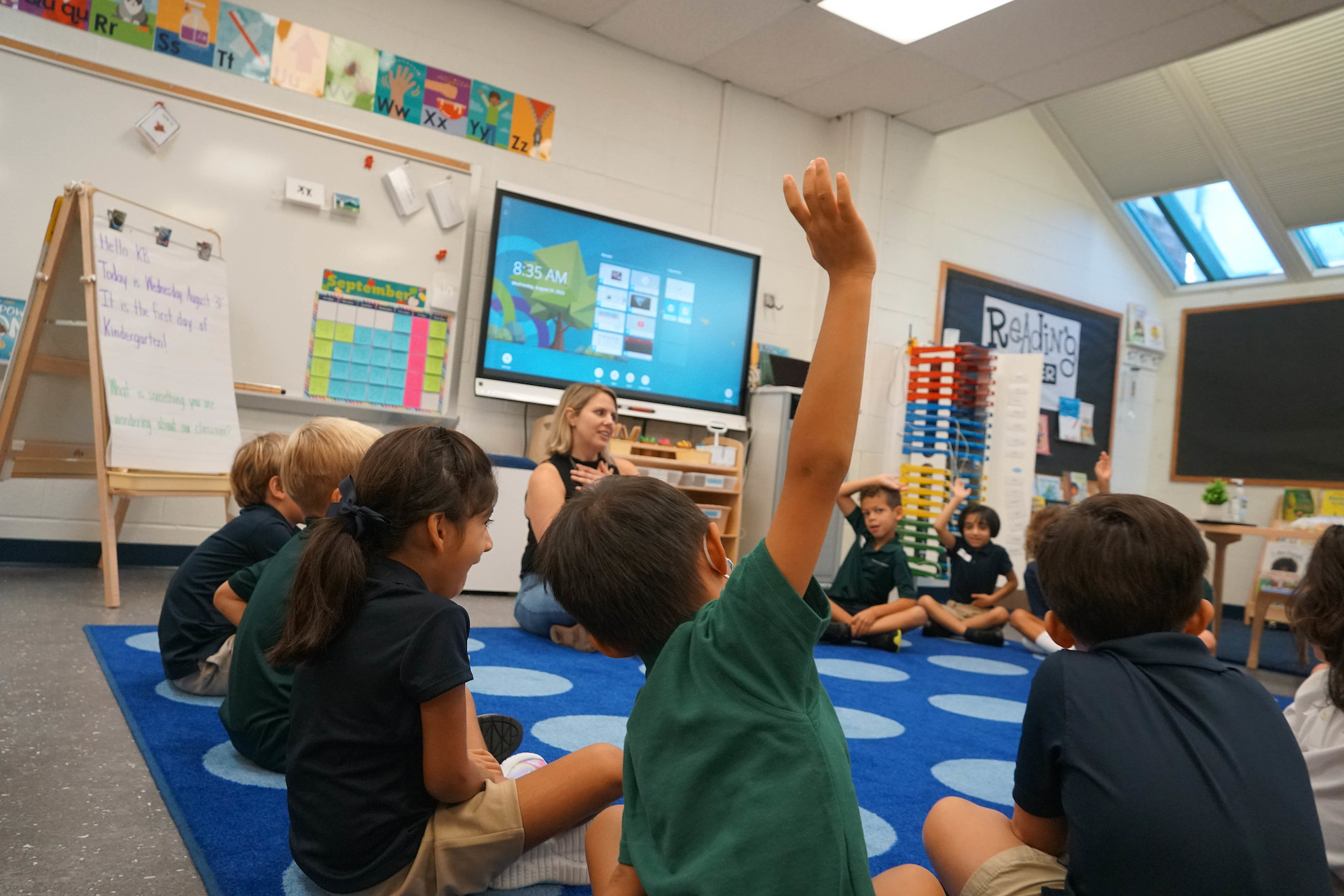 Morning Meeting is a special time every day for kindergarten students and a key component of Responsive Classroom. Teachers reinforce concepts students have learned in previous lessons and focus on building community. The children are given the time and space to ask questions and be curious. 