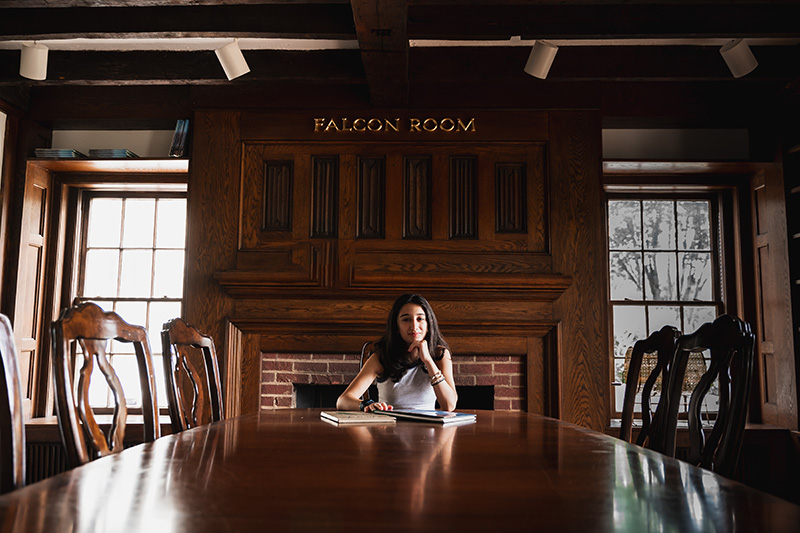 Ida Guerami ’23 talks about her senior project in the Falcon Room, a space in the Miller House now dedicated to the students who attended Flint Hill Prep from 1956-1991.  