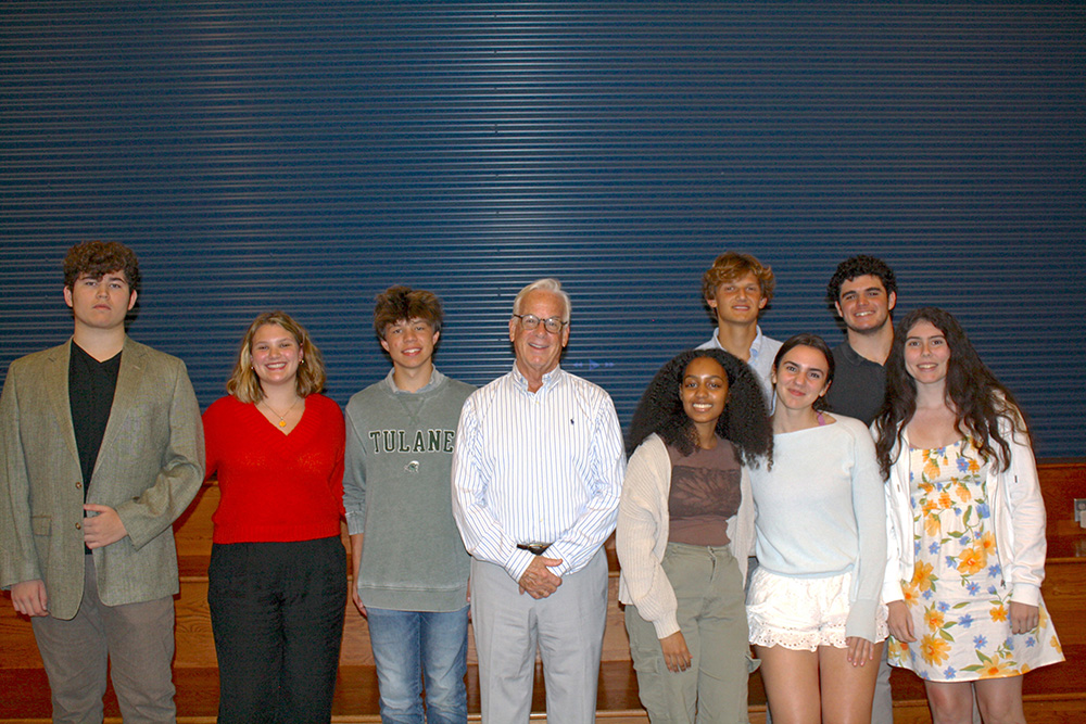 Flint Hill and Potomac students with Randy Byrnes (left to right): Andrew McKee ’24, Harriet Hosking ’25, Colin Bean ’24, Randy Byrnes, Nia Ashenafi ’24, Zack Lighthammer, Maddie Magielnicki, Laith Weimer, Rachel Robbins
