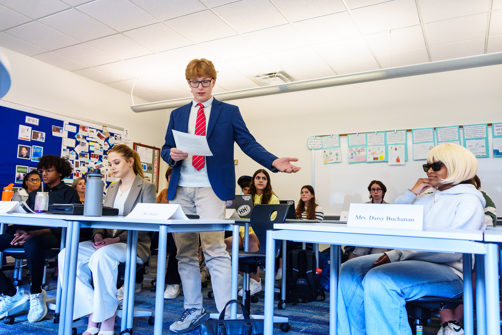 Students in Dr. Allred's English II Honors class put Daisy Buchanan, right, on trial in an exercise inspired by their reading of the Great Gatsby.