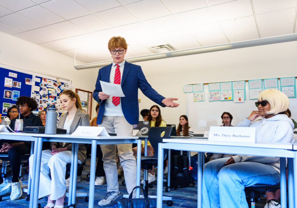 Students in Dr. Allred's English II Honors class put Daisy Buchanan, right, on trial in an exercise inspired by their reading of the Great Gatsby.